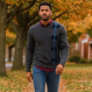 Perry Ellis 100% Cotton Men's Gray Argyle Sweater